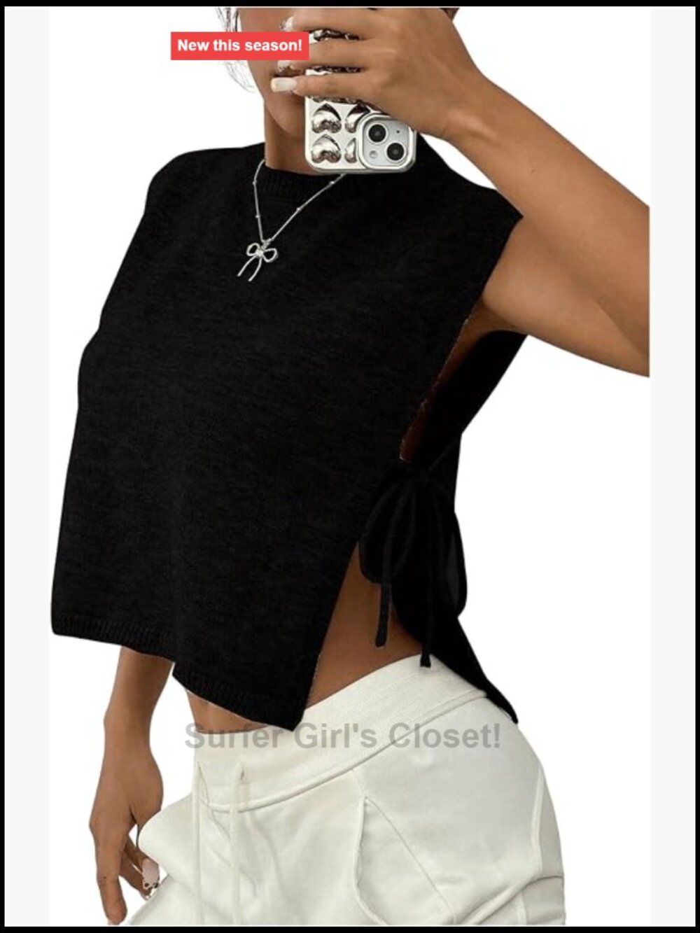 Women's Knit Vest Crop Sleeveless Split Tie Side Tank Sweater
